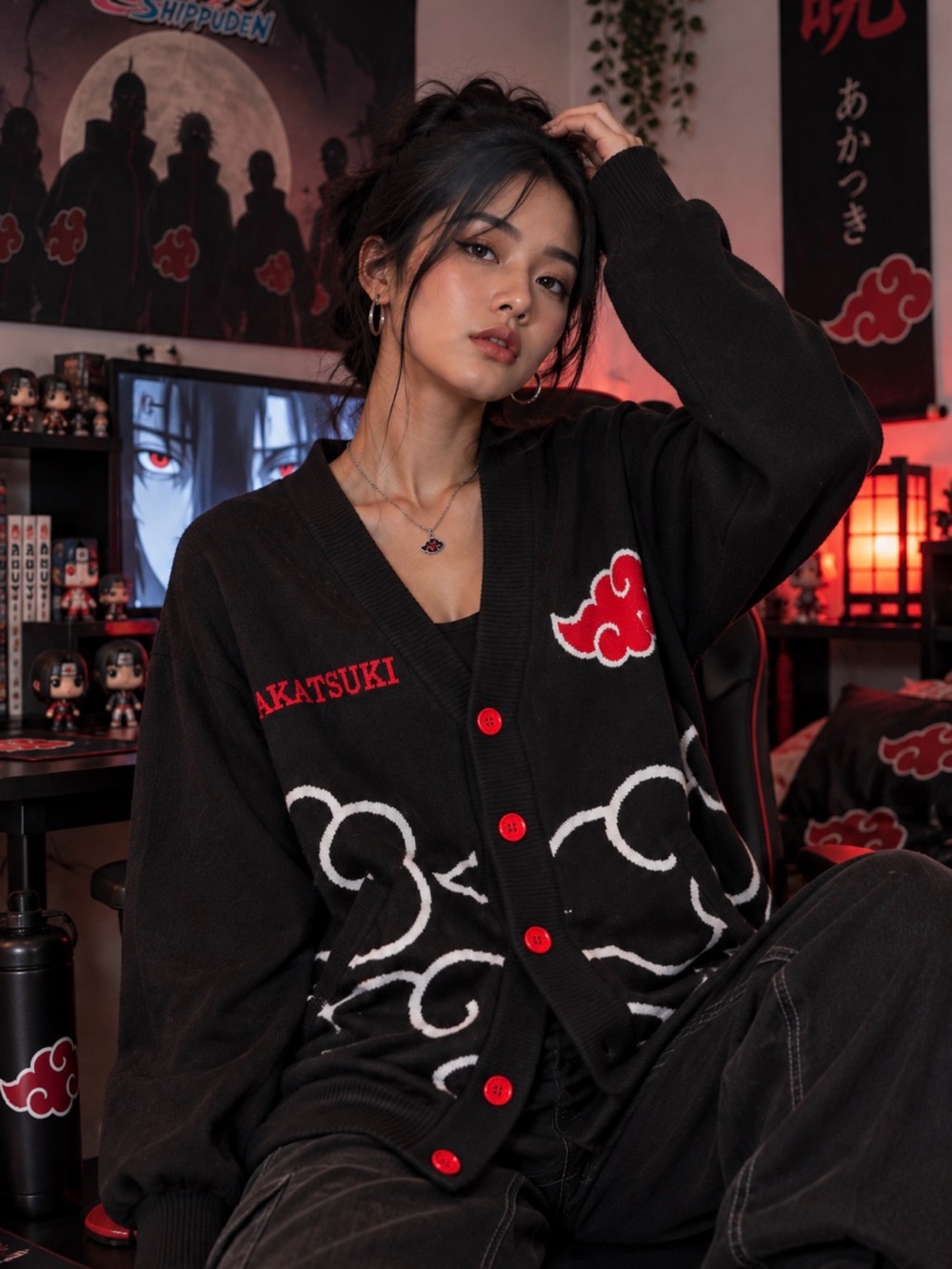UNISEX Naruto Shippuden Akatsuki Black Cardigan Sweater w/ Red Cloud Motif Sz M